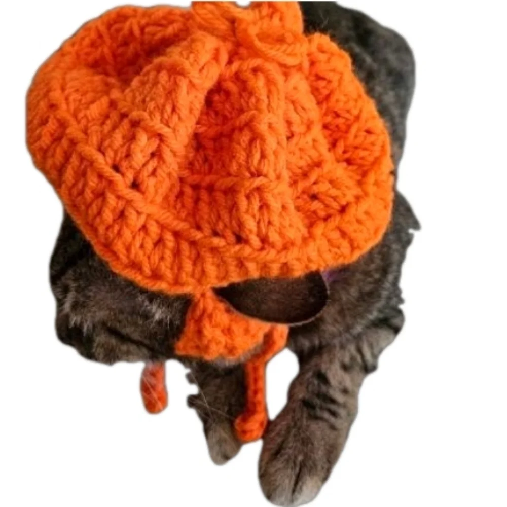 Handmade Halloween Crochet Pumpkin Hat for Cats or Small Dogs – Fall Pet Costume - Picture 16 of 16